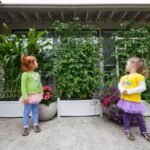 Two children stand on a patio admiring tall tomato plants growing on trellises in a white planter box. The garden features a mix of vegetables and flowers in front of a home exterior.