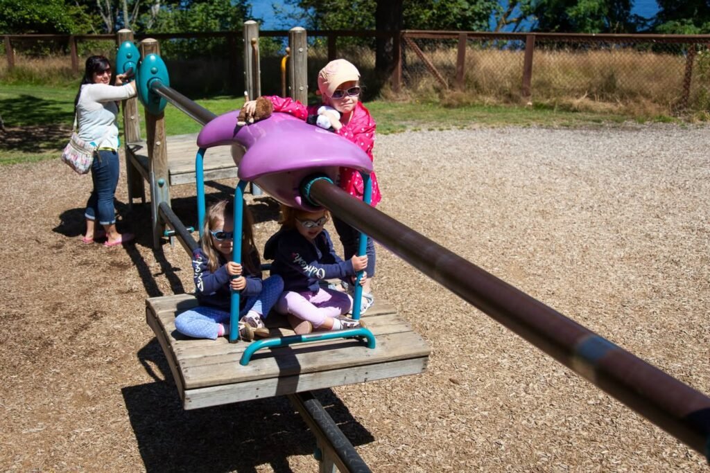Adults and children enjoying a seesaw at a sunny park playground.
