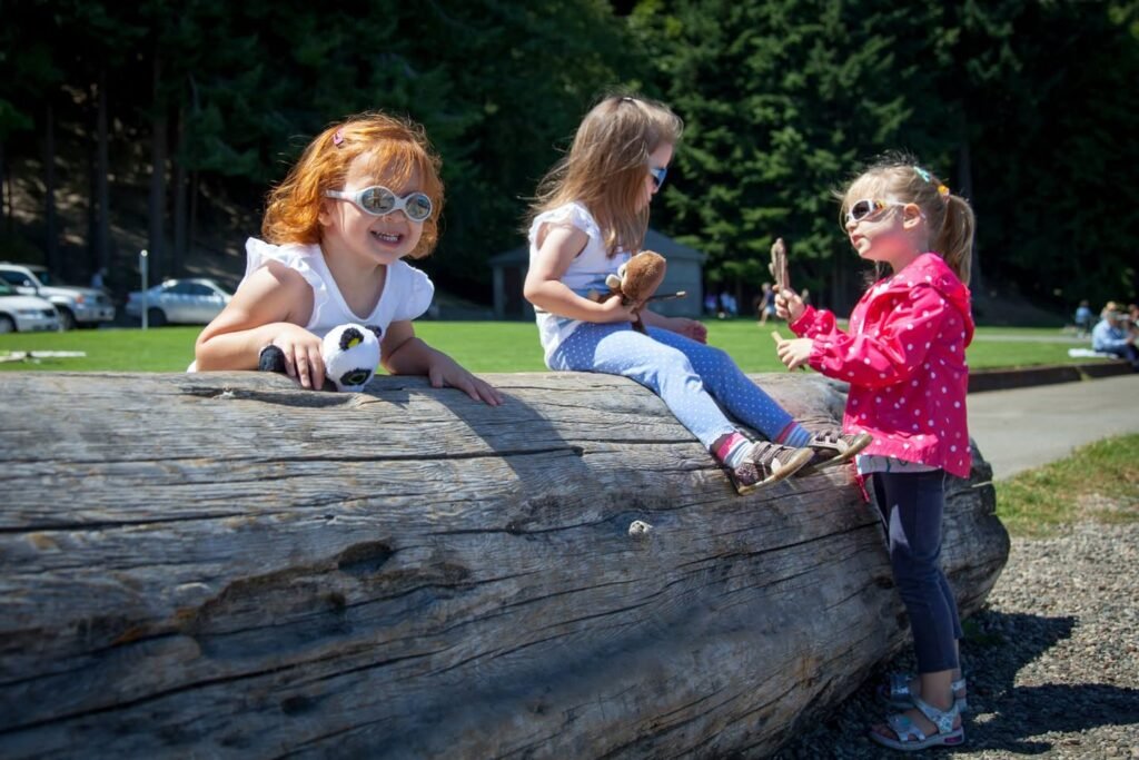 Children playing with toys on a large log in a sunny park.