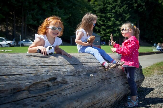 Children playing with toys on a large log in a sunny park.