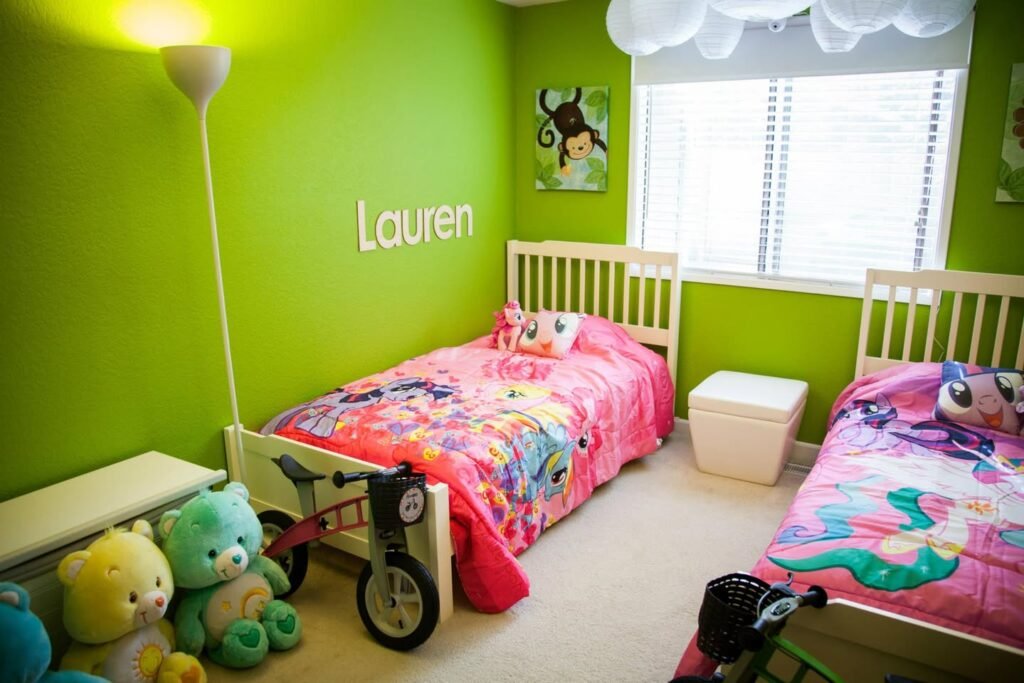 A child's bedroom features bright green walls, white furniture, colorful bedding, and a personalized name on the wall. A close-up shows a floor lamp glowing against the green background.