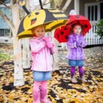 Two children hold bee and ladybug shaped umbrellas while standing on a ground covered in yellow autumn leaves.