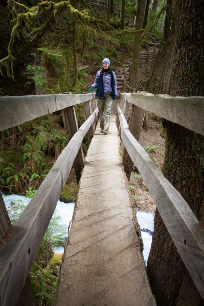 Hike across a wooden suspension bridge in a mossy forest. Explore nature trails across rushing streams in the Pacific Northwest.