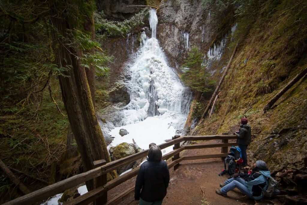 People standing on a wooden platform overlooking a powerful waterfall cascading down a rocky cliff in the Pacific Northwest.