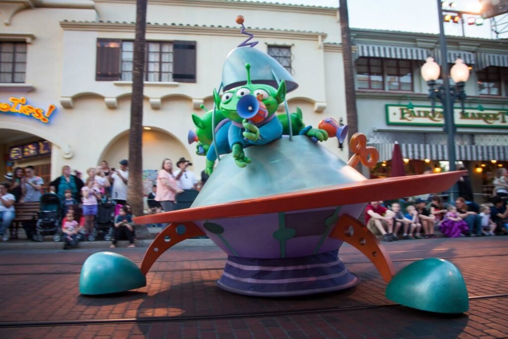 Colorful alien play structures at Toy Story Land.