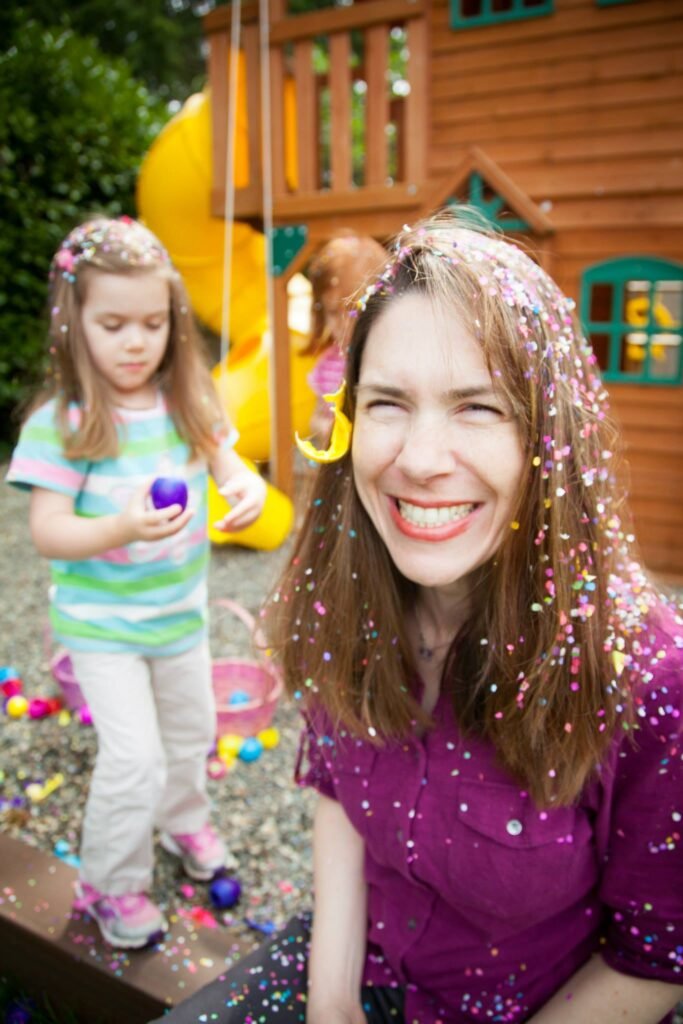 A joyful Easter egg hunt at a backyard playground.
