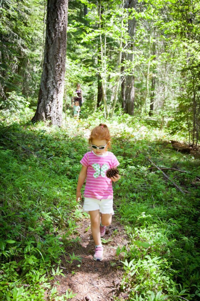 A child walks a forest trail holding a pinecone. The lush green surroundings include tall trees and a dirt path