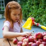 A young child carefully selects apples from a wooden table outdoors, with a colorful toy nearby.