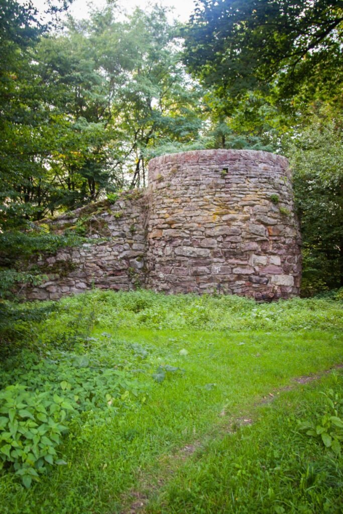 A circular stone ruin sits in a green meadow, surrounded by dense trees.