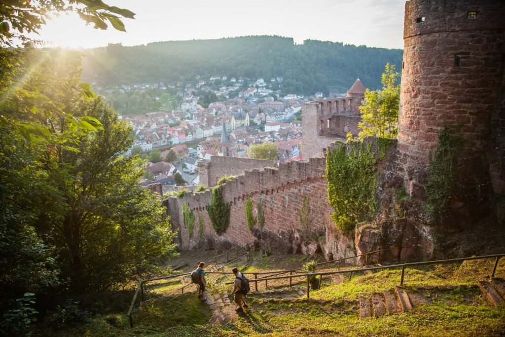 A scenic view of a historic stone tower overlooking a European hilltop town with medieval walls and lush greenery.