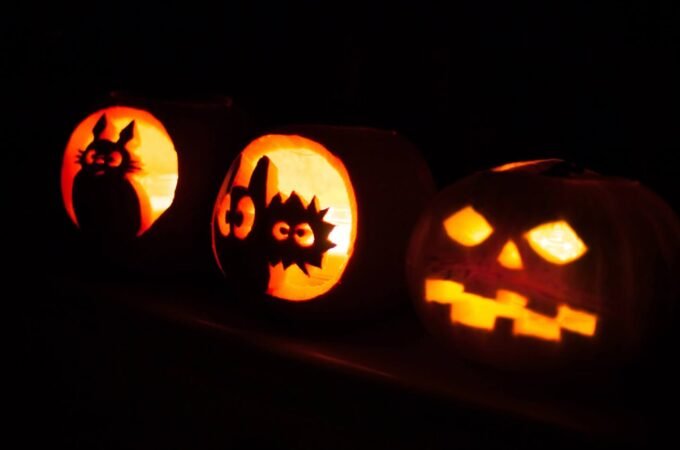 A row of illuminated jack o lanterns carving unique faces that include a cat, a spider, and a classic pumpkin.