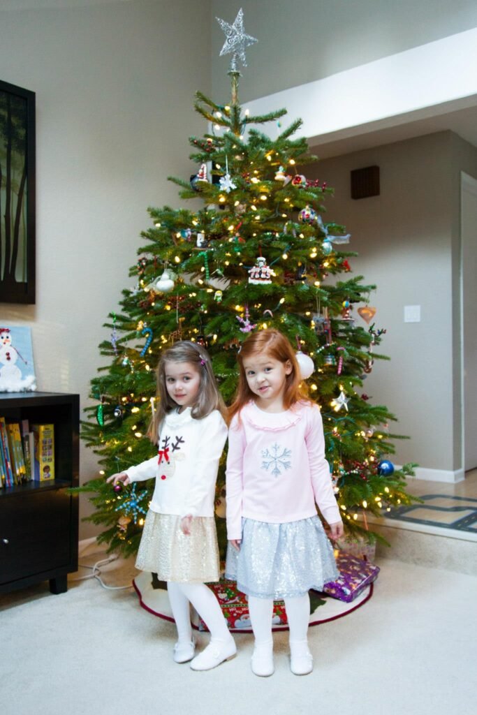 Children enjoy decorating a beautifully lit Christmas tree in a cozy Northwestern home.