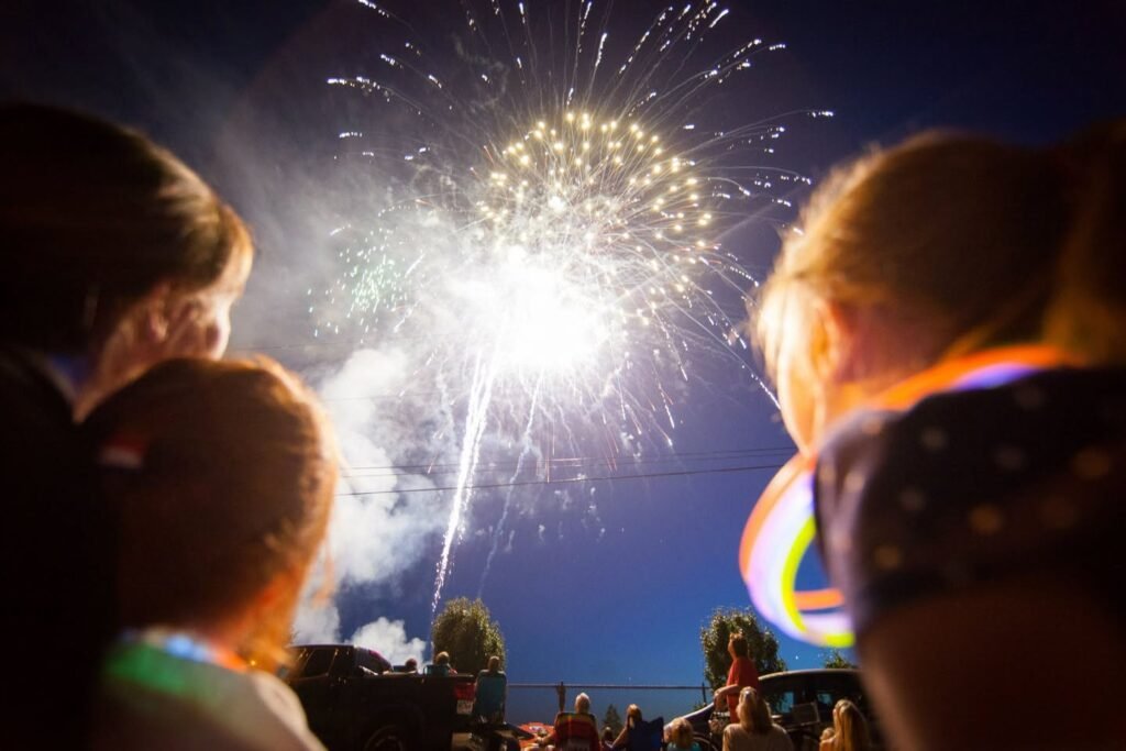 A family watches fireworks bloom in the evening sky from a spectator's view. Glowing trails of light illuminate the night above a crowd.