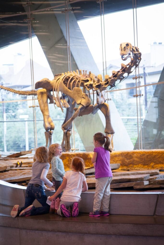 Children explore a large T. rex skeleton exhibit inside the Museum of Science and Industry in Chicago.