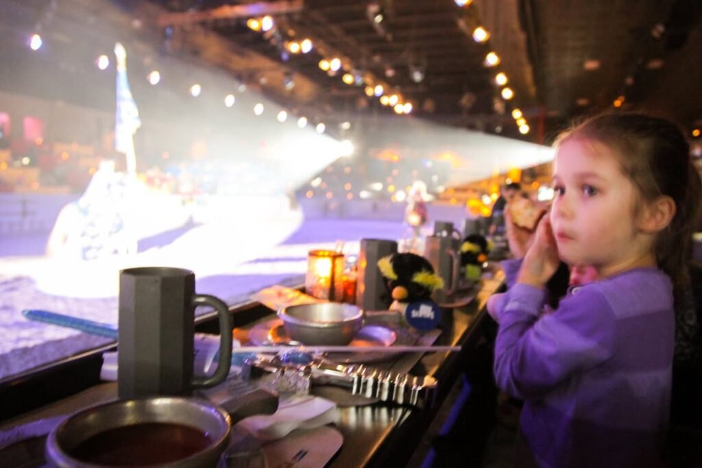 A young child watches a 3D snow show at Reeds Family Fun Center with a drink on the table.