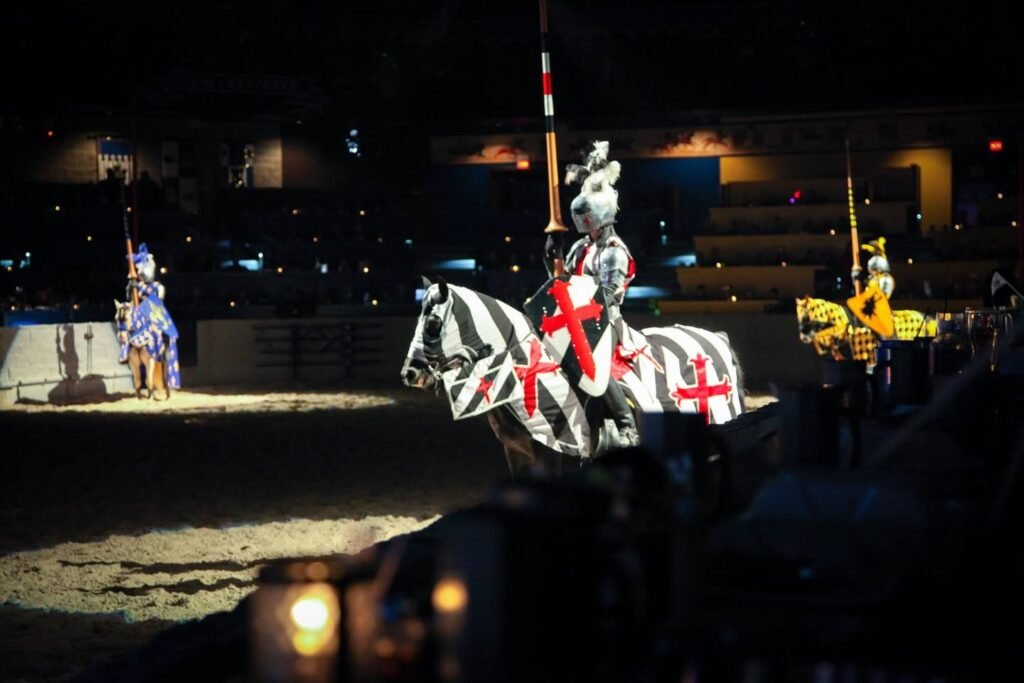 A knight on a striped horse in an outdoor arena, jousting scene.