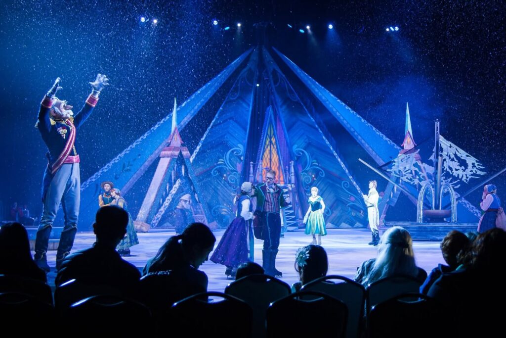 Two images of a live ice skating show with dramatic blue lighting and a tent-like stage design. Audience members watch from the foreground.