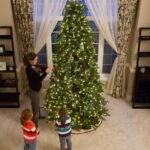 A family decorating a Christmas tree in front of a window with ornate curtains. Warm lights illuminate the tree in a cozy living room setting