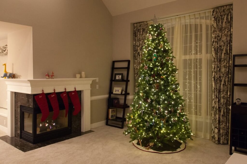 Cozy Christmas Tree and Fireplace Setup