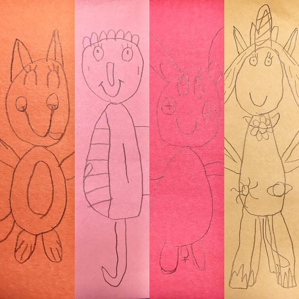 A colorful grid of childlike drawings featuring a cat, girl, pig, and unicorn. The simple line art is drawn on orange, pink, and yellow paper.