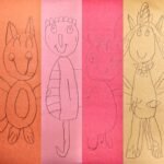 Enchant Christmas Light Maze A colorful grid of childlike drawings featuring a cat, girl, pig, and unicorn. The simple line art is drawn on orange, pink, and yellow paper.