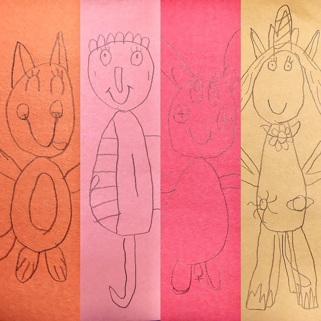 Twin Devotion A colorful grid of childlike drawings featuring a cat, girl, pig, and unicorn. The simple line art is drawn on orange, pink, and yellow paper.
