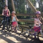 An adult and a child wearing helmets sit on bicycles on a wooden trestle bridge in a forest. A closer view of the adult at the handlebars is shown below.