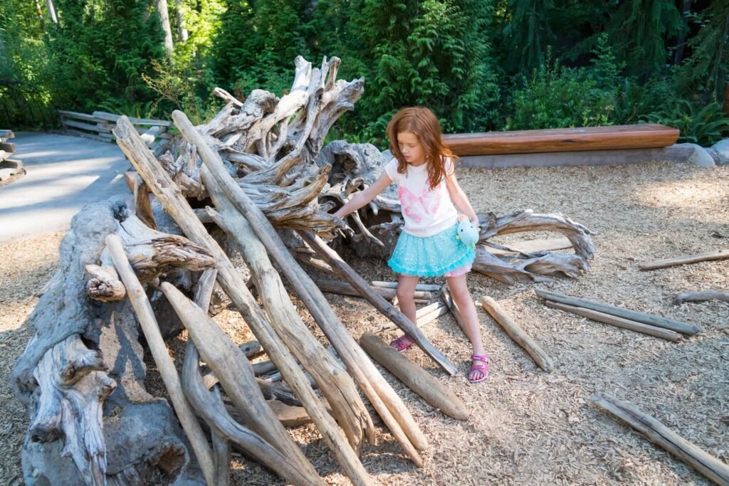A young child plays with driftwood at a park in the Pacific Northwest.