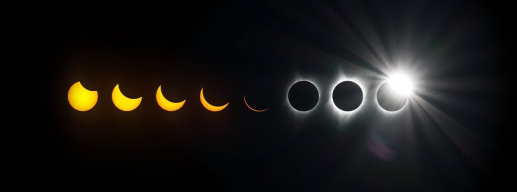 A time-lapse composite image displaying the sequential phases of a solar eclipse against a black sky.