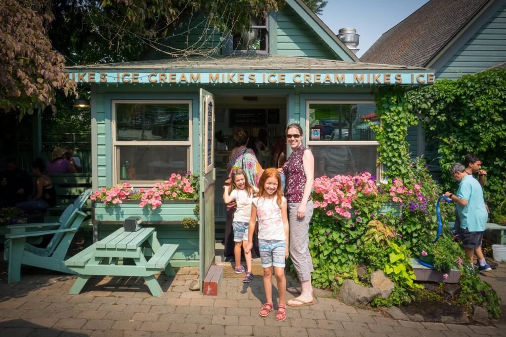 Visitors gather outside the charming Green Gables Creamery in the Pacific Northwest.