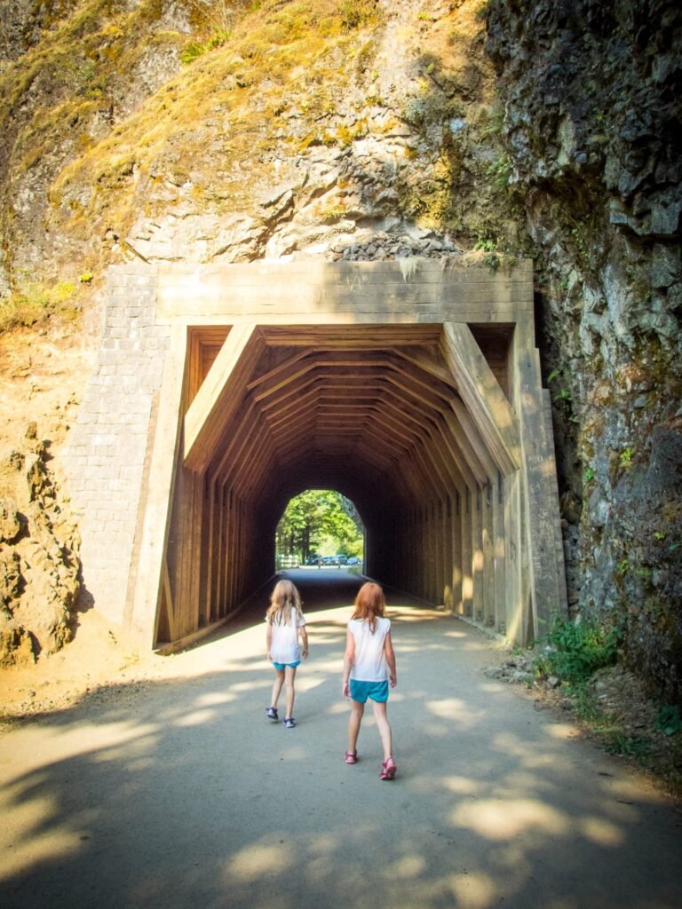 Two people walk toward the entrance of a wooden tunnel carved into a rocky hillside on the Pacific Northwest Ravenna Ravine Trail, with lush green foliage and shade casting patterns on the path.
