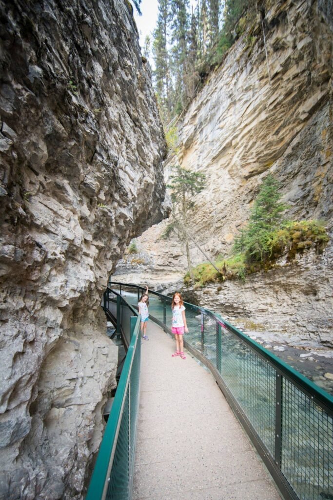 A scenic walkway beside a flowing river in a rugged canyon. A person stands on the bridge with green railings, surrounded by steep rocky cliffs and evergreen trees.