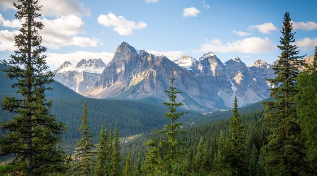 Scenic mountain peaks rise above a lush pine forest under a bright blue sky.