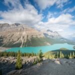 Banff Gondola A panoramic view of a turquoise alpine lake surrounded by rugged mountains and pine trees under a blue sky.