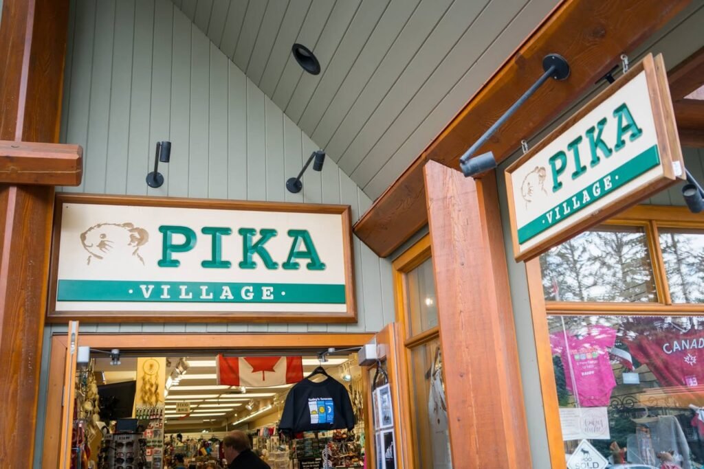 A view of the Pika Village storefront and signage, located in a local area.