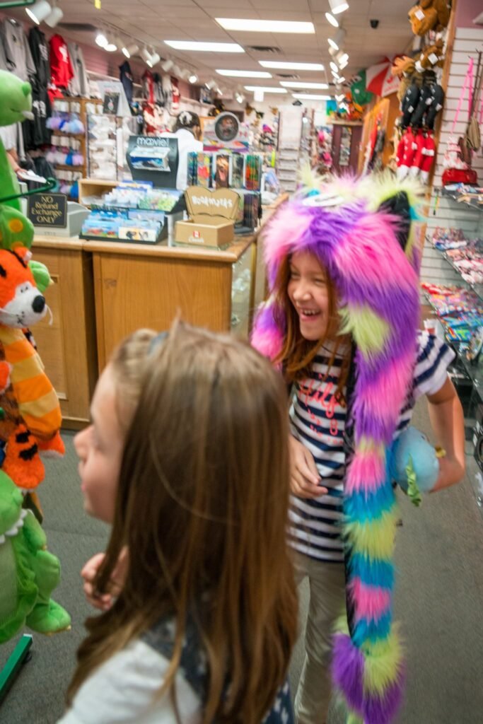 A child tries on a colorful unicorn costume. Another child looks on from beside a plush tiger.