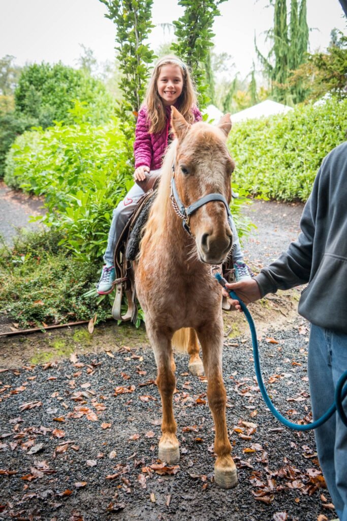 A child rides a small brown pony guided by an adult in a lush garden setting. The image includes multiple views of the ride through a green and natural environment.