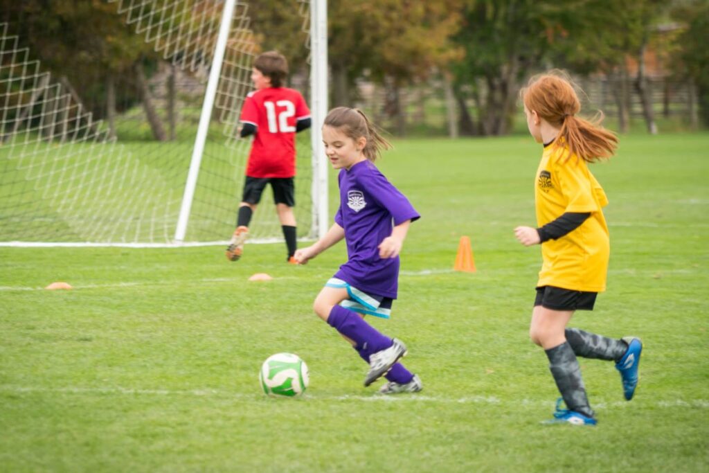Young soccer players in purple, yellow, and red jerseys compete for a ball near the goal post on a grassy field.