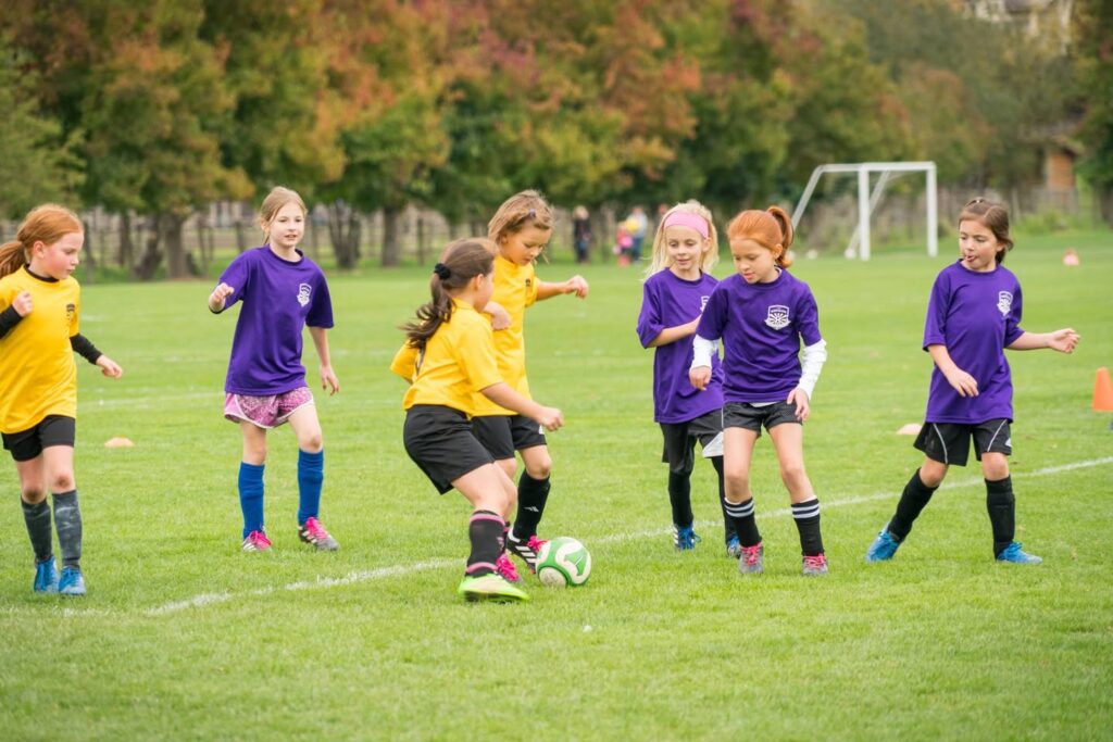 Young players in purple and yellow uniforms compete for a soccer ball on a green field surrounded by autumn trees.