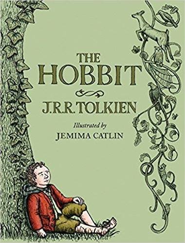 A book cover for The Hobbit by J.R.R. Tolkien featuring a hobbit character sitting beside a tree on a sage green background.