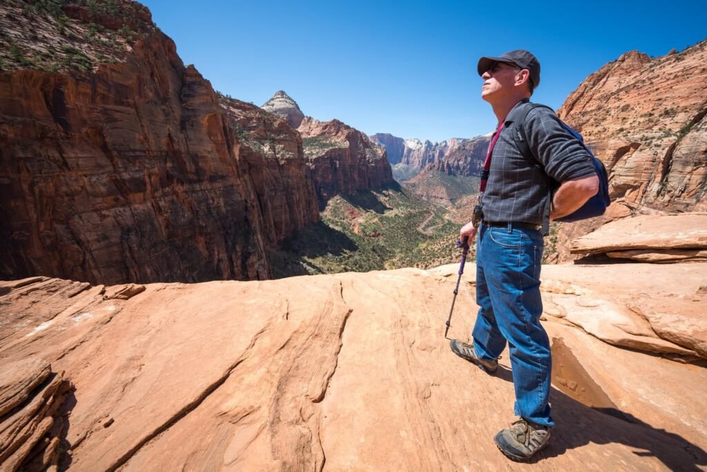 A hiker uses a walking stick on a sandstone rim overlooking a deep canyon with jagged cliffs under a blue sky.