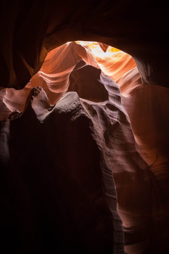 Sunlight illuminates the vibrant, wavy sandstone walls of a narrow slot canyon.