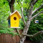 A yellow birdhouse with a wooden roof and perch hangs from a tree in a lush green garden.