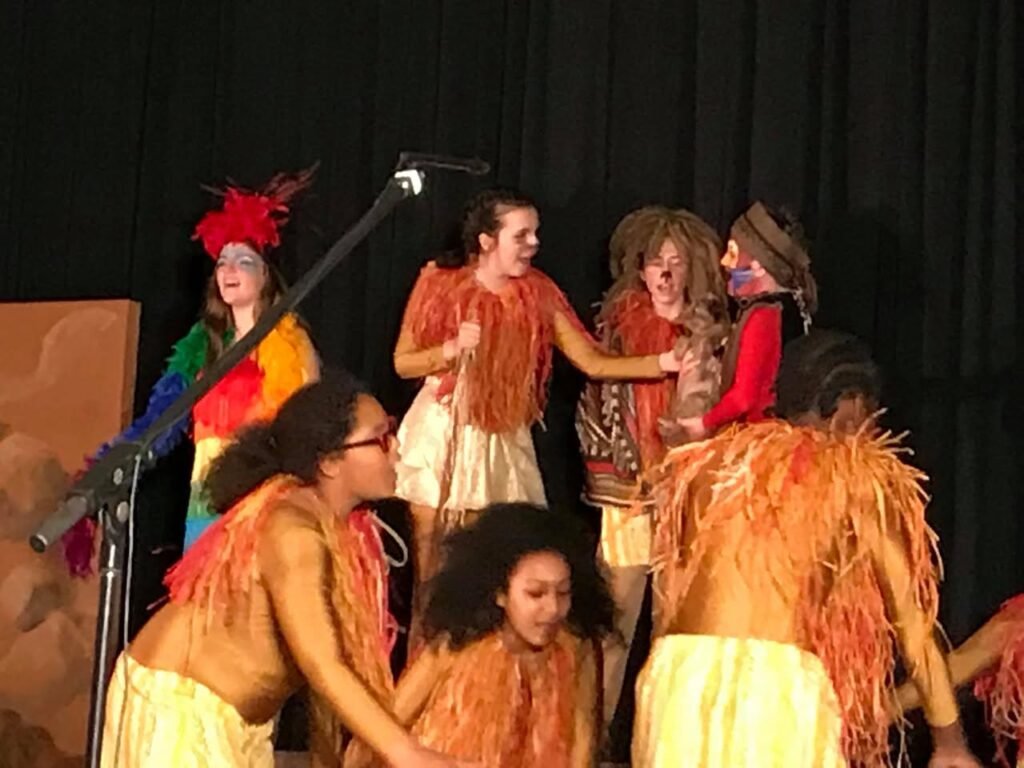 A group of performers on stage in colorful costumes with an orange background black stage curtain.