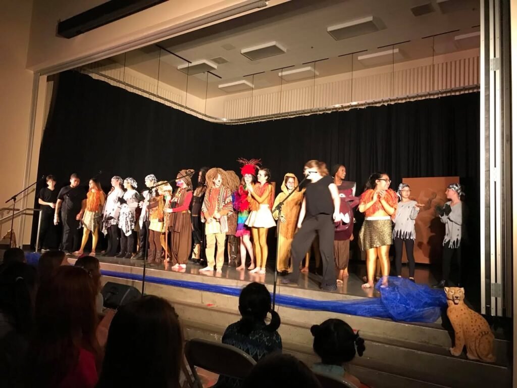 A group of performers in colorful costumes on a school stage during a play, with an audience seated below.