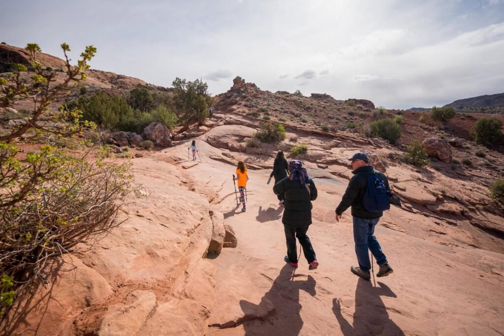 A group hiking on a rocky desert trail under a clear sky.