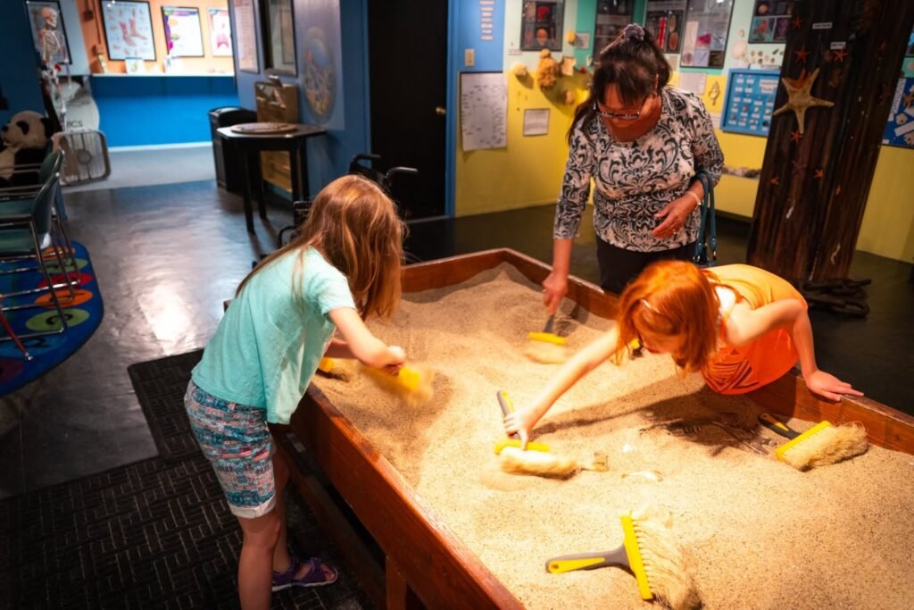 Children playing in a sand table with scoops and a starfish display in a museum exhibit. The colorful indoor environment features bright walls and interactive learning spaces.