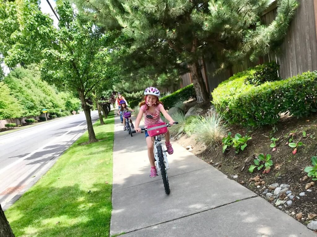 A person in a helmet rides a bicycle on a sunny, tree-lined sidewalk.