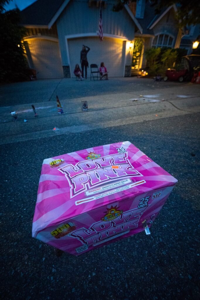 A Skofter kick sits on the asphalt in the foreground with a house and neighborhood in the background.