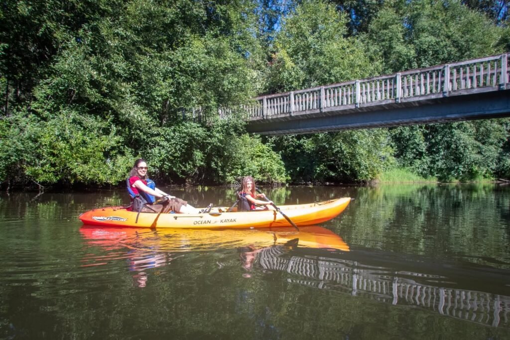 Two paddlers glide beneath a wooden bridge on a calm river, surrounded by lush greenery.